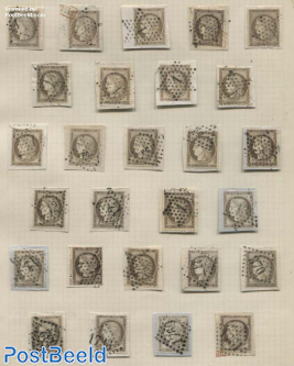 Album page with 27 30c Ceres stamps, various cancellations, mostly on pieces of cover