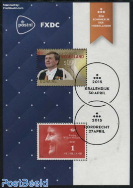 King Willem-Alexander, special sheet with dutch stamp and Caribean Neth. stamp. Always with printed cancellation